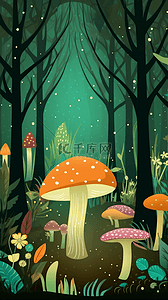 树草地小花蘑菇装饰图案自然风景简单背景