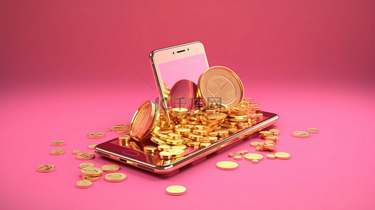 手机小程序界面背景图片_3d 渲染智能手机周围粉红色背景上的金色货币和复制空间