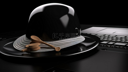 餐饮拼盘背景图片_盘子上的厨师帽连接到电脑鼠标的 3D 渲染