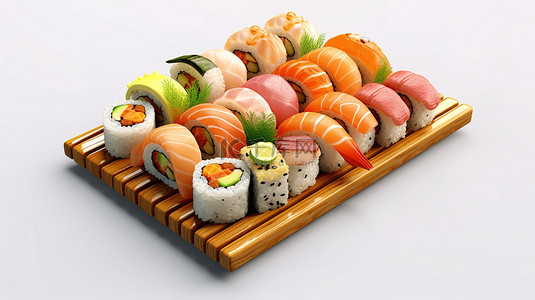 寿司套餐背景图片_传统寿司的孤立 3D 插图是一种烹饪乐趣