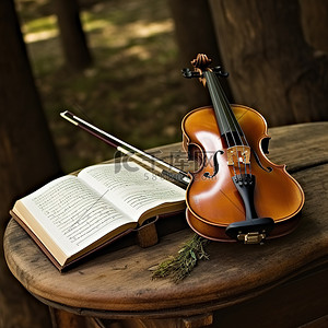 一把艾草背景图片_树林里的木凳上放着一把带有音乐的小提琴