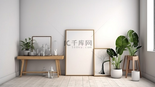 消防火灾地面背景图片_3D 渲染中的简约白色海报框架模型，强调木地板混凝土墙桌篮和绿色植物