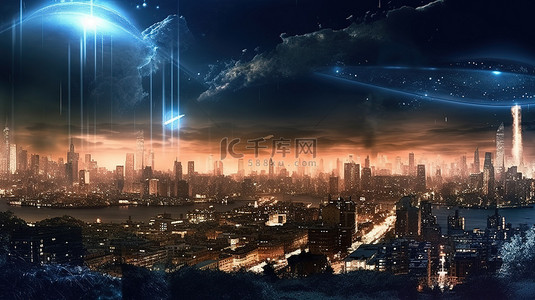 科幻城市背景图片_由原子能驱动的未来城市景观的全景数字 3D 艺术插图