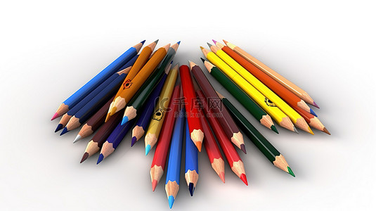 文具套装彩色铅笔墨水笔和白色背景 3D 插图上带红色橡皮筋的普通铅笔