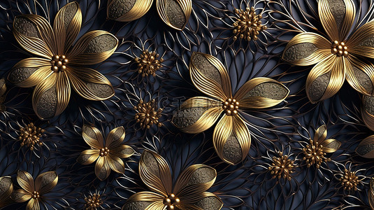 黑色 3D 装饰背景上优雅的金丝细工花