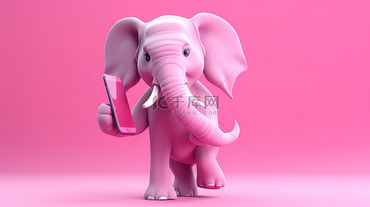 可爱的 3D 粉红色大象手里拿着手机玩得很开心