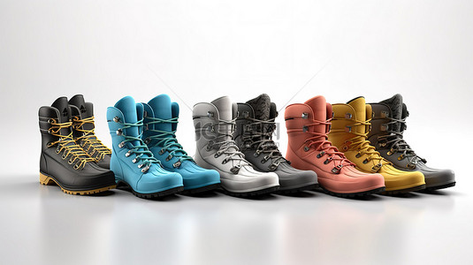 空白画布上的各种冬季鞋类营销概念 3D 渲染