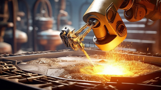 微型机器人将熔融金属倒入模具中，这是一个未来主义的工业概念