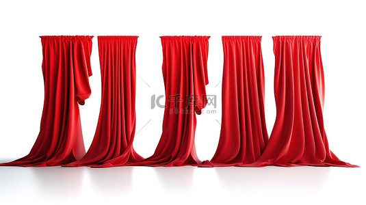 红色戏剧窗帘背景图片_3D 在干净的白色背景下渲染充满活力的红色剧院窗帘