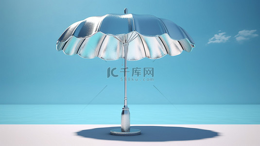 亮蓝色 3D 渲染中的底座安装银沙滩伞