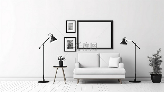 相框素描背景图片_客厅白墙的 3D 草图，带有空相框