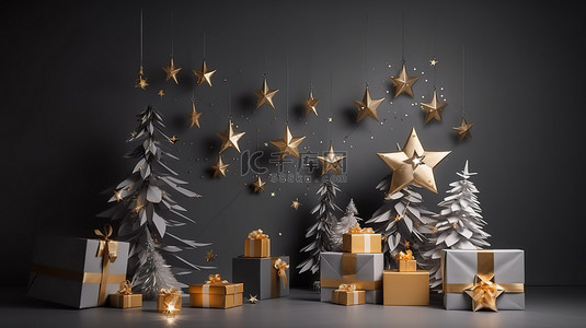 闪闪发光的 3D 树装饰着星星点亮的节日花环和金色的铃儿响亮的灰色背景