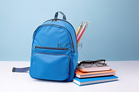 學習用品背景图片_白色背景上装有学习用品和眼镜的蓝色背包