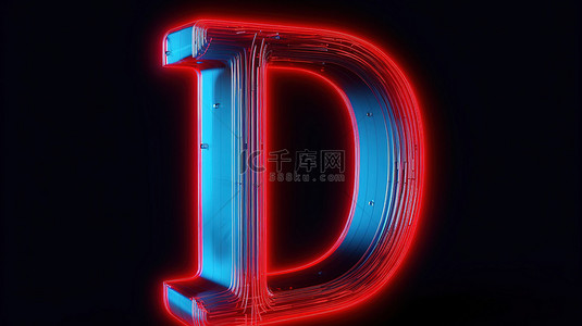 充满活力的霓虹红色大写字母 d 在蓝色背景下以 3d 形式照亮