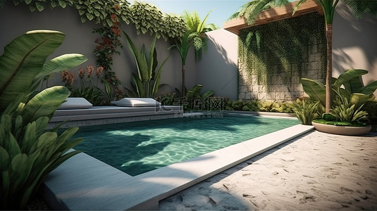 公园实拍背景图片_一个宏伟的游泳池的 3D 渲染，配有巴厘岛石雕日光浴床和花盆箱