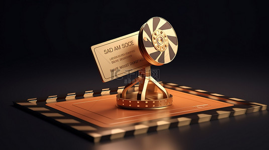白色背景上闪闪发光的电影奖杯和场记板是 3D 电影奖项概念的象征