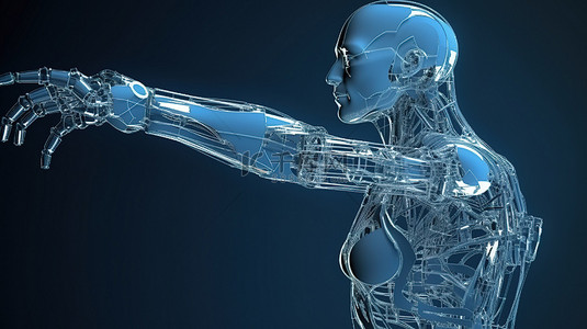 带有线框机器人手臂的机器人 3D 渲染，阐释了自动化行业概念