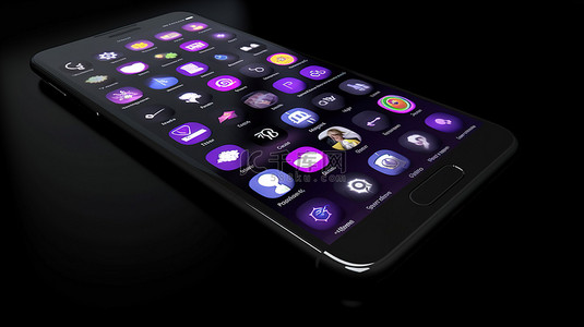紫色和黑色背景，3d 渲染的移动应用程序按钮显示在移动屏幕上