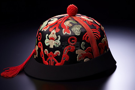 红黑刺绣中式帽子