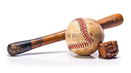 棒球棒背景图片_白色背景上棒球设备手套球和球棒的 3D 插图