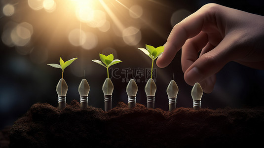 业务增长理念灯泡植物随着 3d 手浇水和条形图进展而增长