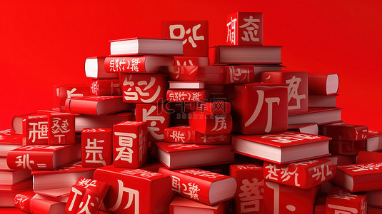 引人注目的 3D 红色背景中可爱的日语词汇和书籍