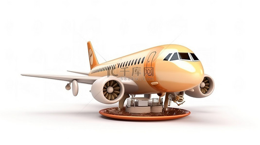 上一休一背景图片_为一架全新的现代飞机加速，以咖啡杯作为喷气发动机，在 3D 渲染的白色背景上