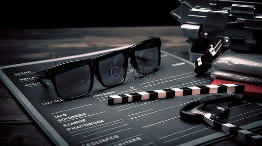 电影行业背景图片_黑板上的拍板和 3D 眼镜庆祝电影行业和娱乐