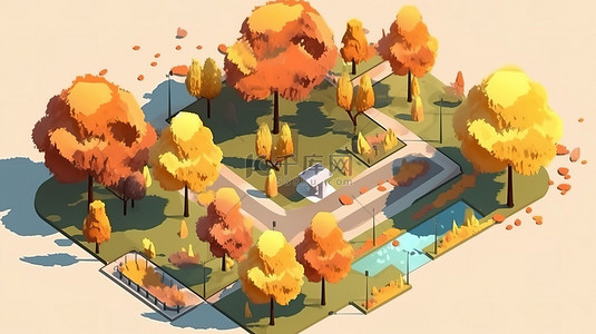 树枝枝条树叶背景图片_3D 等距平面风格的秋季公园
