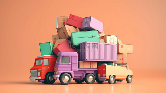 货车专用背景图片_运输浮动箱子的 3D 货车插图