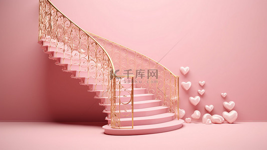 女人爬楼梯背景图片_粉红色楼梯上的金心 3d 渲染