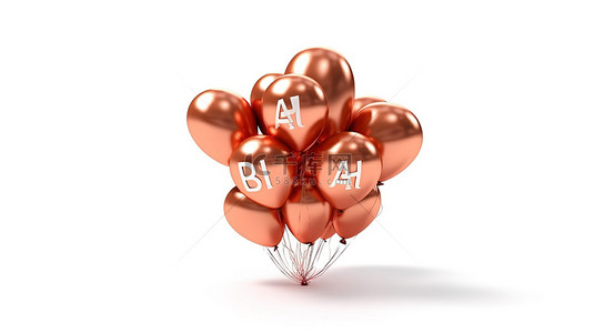 复古文本背景图片_玫瑰金气球在婴儿词 3D 插图中隔离在白色背景上