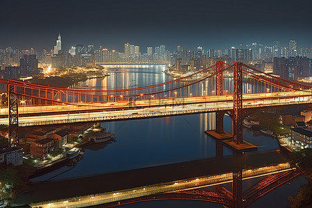 两座桥梁在夜间连接城市景观