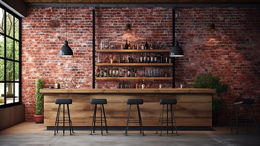 3D 渲染的酒吧内部配有时尚的红砖和水泥墙背景