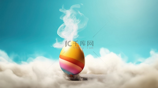 卡通复活节彩蛋发射到天空的 3D 插图，带有烟雾痕迹和有趣的复制空间