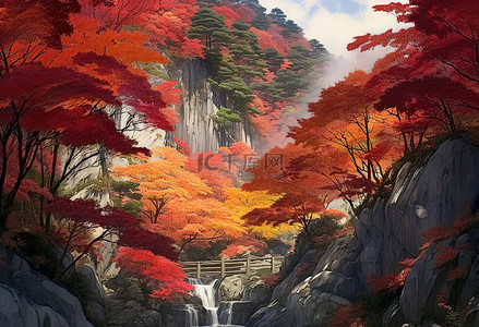一个岩石斜坡上有红色明亮的树叶，被秋天的树叶着色