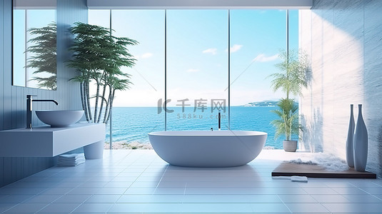 厕所公用烘手机背景图片_令人惊叹的现代浴室台阶，可在 3D 渲染中欣赏令人惊叹的海景