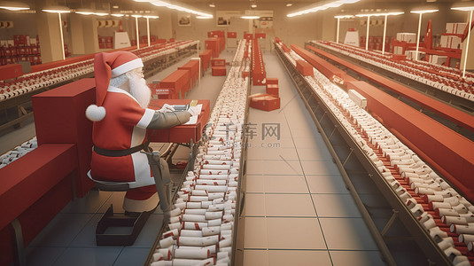 圣诞老人检查圣诞礼品盒并包装在 3D 渲染的传送带滚筒上