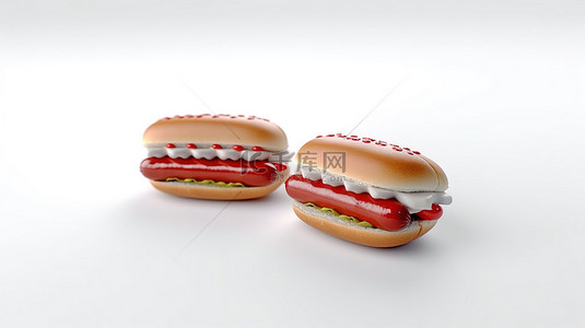 白色背景上带有平红色的微型单色快餐汉堡包和热狗的 3d 图标