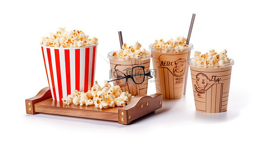 电影之夜必需品隔板爆米花桶饮料和白色背景的 3D 眼镜