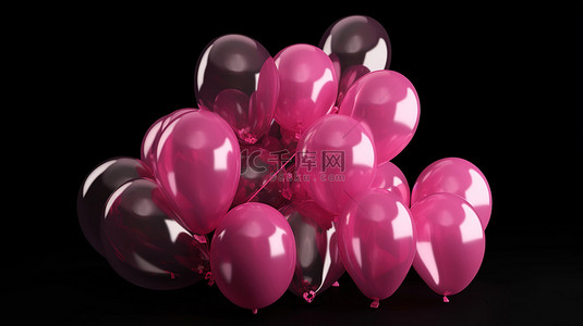 字母喜悦由黑色背景上隔离的四个粉红色气球组成的 3d 类型插图