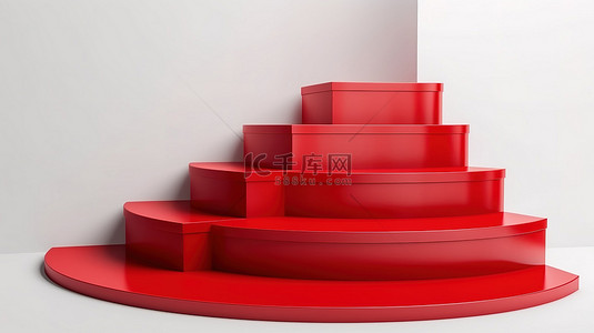 白色背景上 3d 渲染的简约红色楼梯讲台