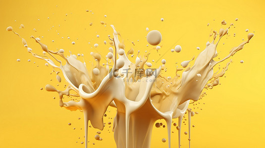 斑点黄色背景图片_黄色背景增强了 3d 渲染的牛奶飞溅的美感