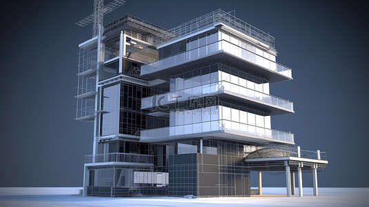 以设计为中心的当代建筑 3D 渲染，带有建筑规范的占位符文本