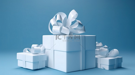 空盒礼盒背景图片_蓝色背景上带蓝丝带蝴蝶结和白纸的白色礼盒的逼真 3D 渲染