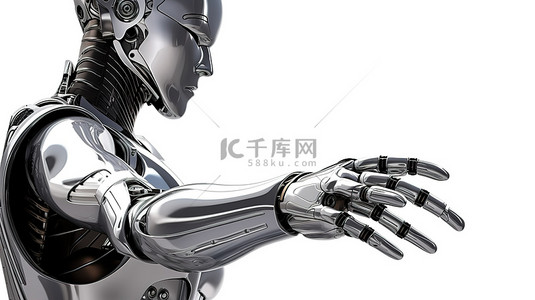 女性机器人或机器人持有的名片在 3D 渲染中隔离在白色背景上