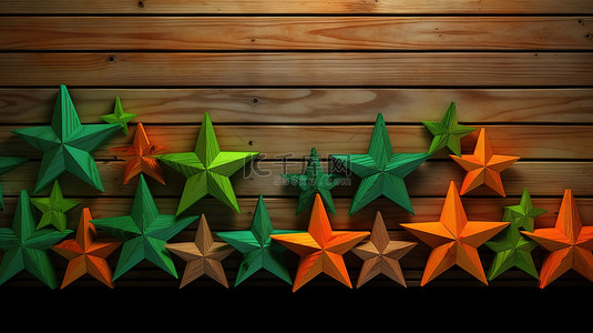 3d 渲染中木制背景下的绿色和橙色星星