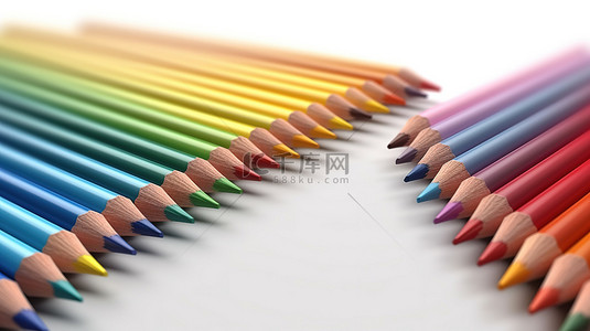 白色空间 3d 渲染中的彩色铅笔