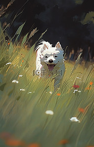 小狗小狗背景图片_一只小白狗走过草地