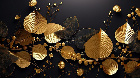 中国叶背景 3D 黑色艺术壁纸壁画，带有金色的叶子和点